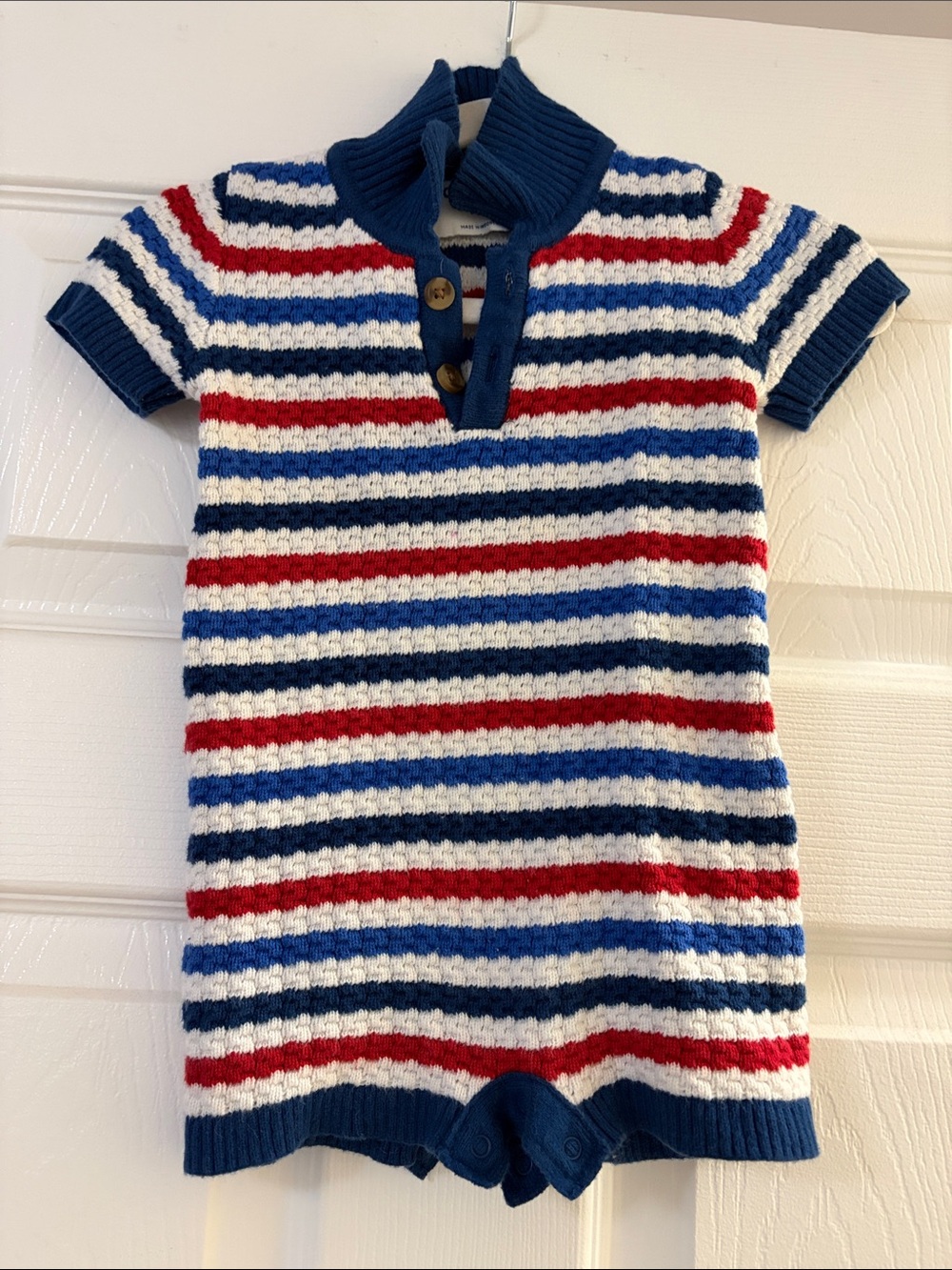 Boys Short-Sleeve Stripe Knit Romper - Red, White & Blue